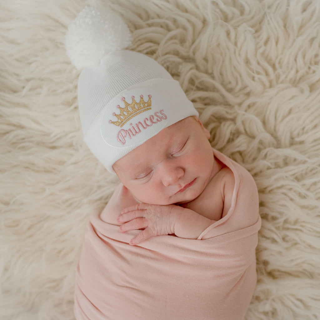 Pink and Gold Princess Patch Newborn Baby Girl Hospital Beanie Hat with Pom Pom, White Newborn Beanie Hat Infant Hat
