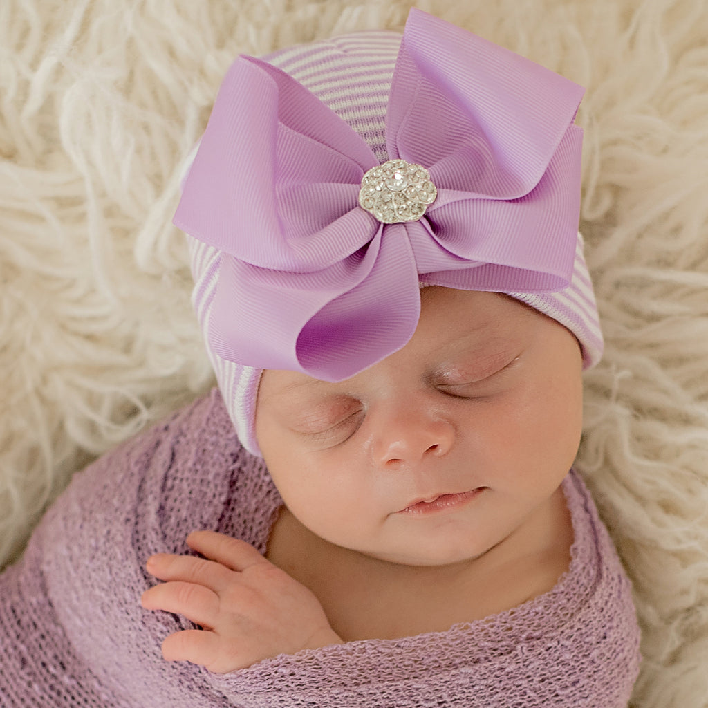 White and Purple Striped Newborn Baby Girl Hospital Beanie Hat with Purple Bella Bow and Rhinestone, Newborn Hat Infant Hat