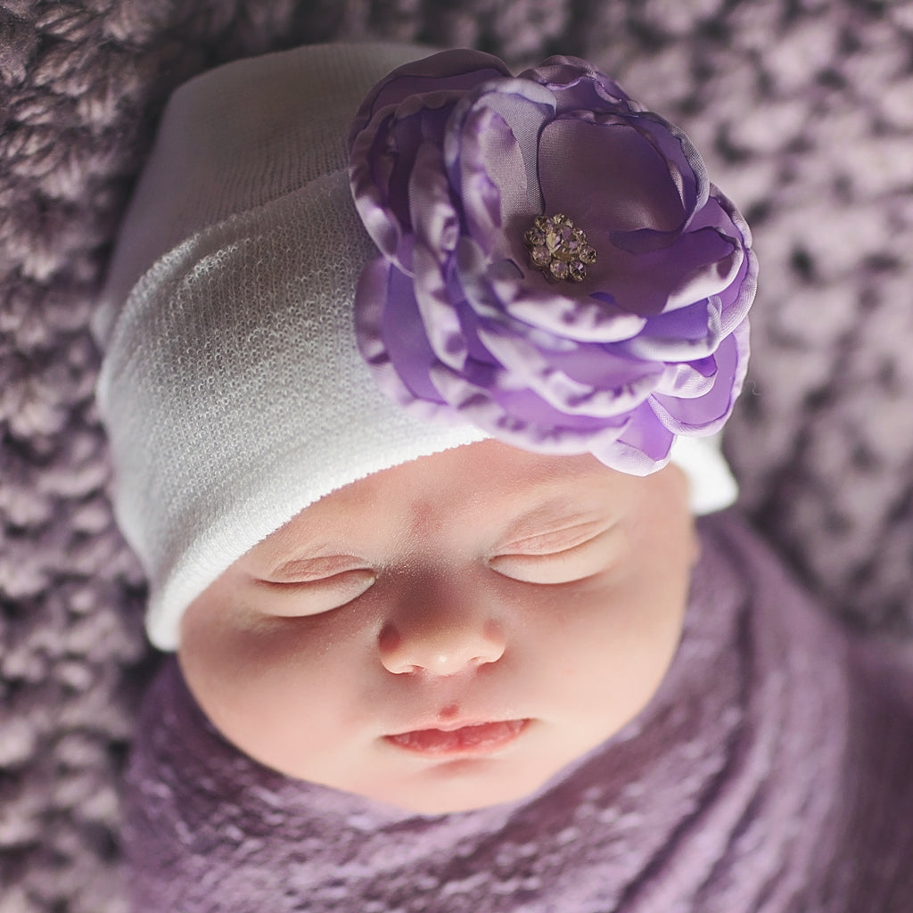 White Newborn Girl Hospital Hat with Purple Silk Flower with Flower Rhinestone Center