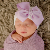 Purple Gingham Bow Newborn Girl Hat - Purple Bow with Purple Gingham Ribbon on White Hat Newborn Hat Infant Hat