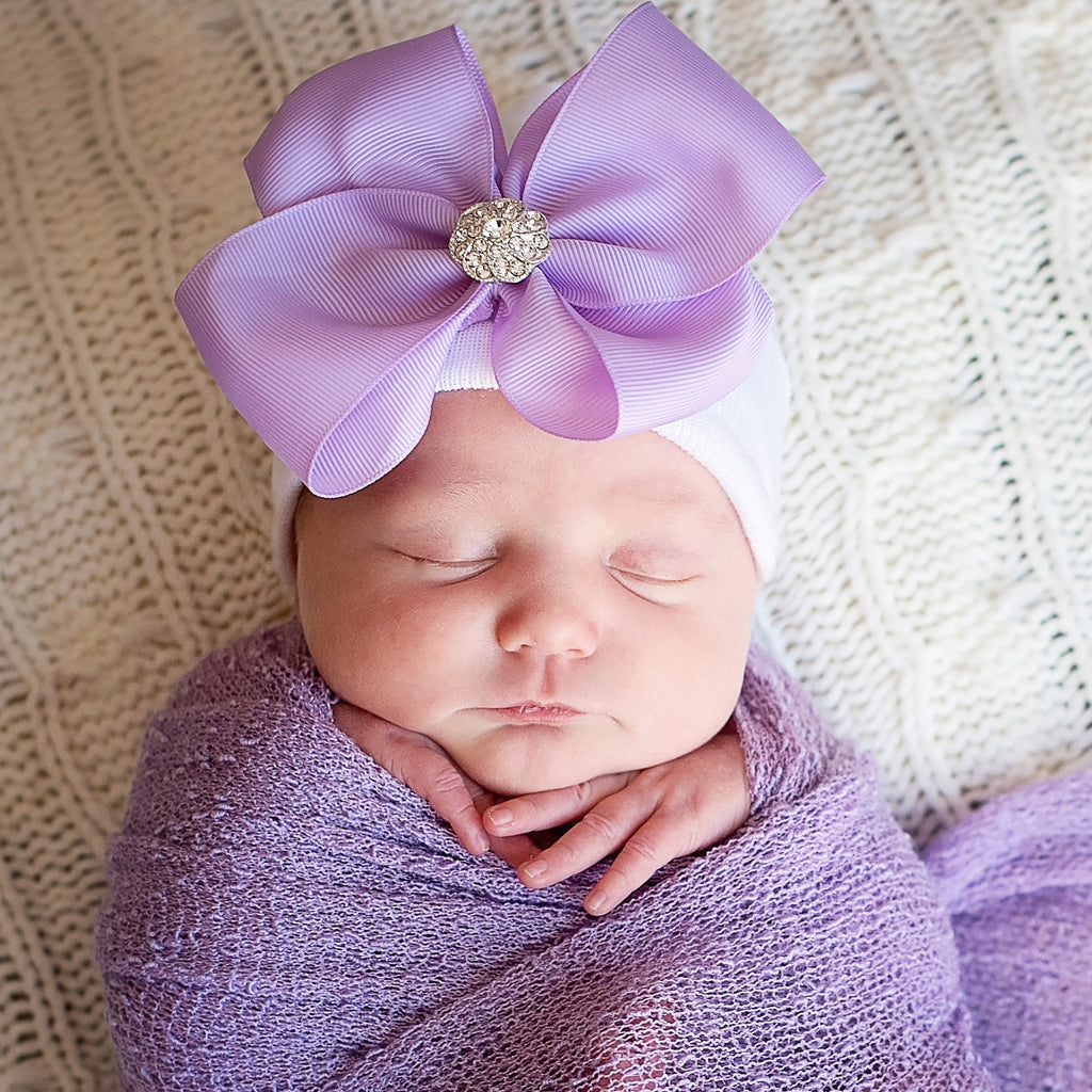 White or Pink Newborn Baby Girl Hospital Beanie Hat with Big Purple Ribbon Bow Infant Hat Newborn Hat