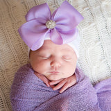 White or Pink Newborn Baby Girl Hospital Beanie Hat with Big Purple Ribbon Bow Infant Hat Newborn Hat