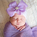 White or Pink Newborn Baby Girl Hospital Beanie Hat with Purple Ribbon Bow Newborn Hat Infant Hat