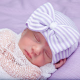 Lavender & White Striped Newborn Baby Girl Hospital Beanie Hat with Big Bow Infant Hat Newborn Hat