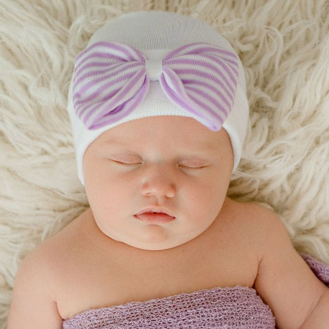 White Newborn Baby Girl Hospital Beanie Hat with Pink and White Striped Bow Infant Hat Newborn Hat