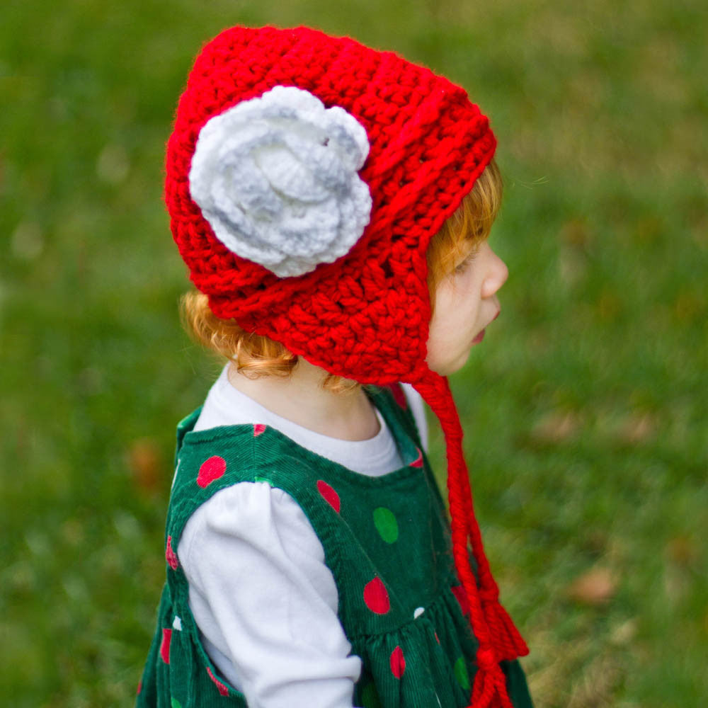 Red and White Baby and Toddler Girls Beanie with Earflap Newborn Crochet Baby Hat Infant Hat