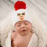 Reindeer First Christmas Newborn Baby Hospital Beanie Hat with Red Pom Pom Newborn Hat Infant Beanie Hat