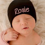 Lollipop Font Black Personalized Newborn Girl Hospital Beanie Hat Infant Black Winter Hat Newborn Hat