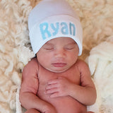 Personalized White Newborn Baby Boy Hospital Beanie Hat with Baby Blue Lettering Newborn Hats Infant Hats