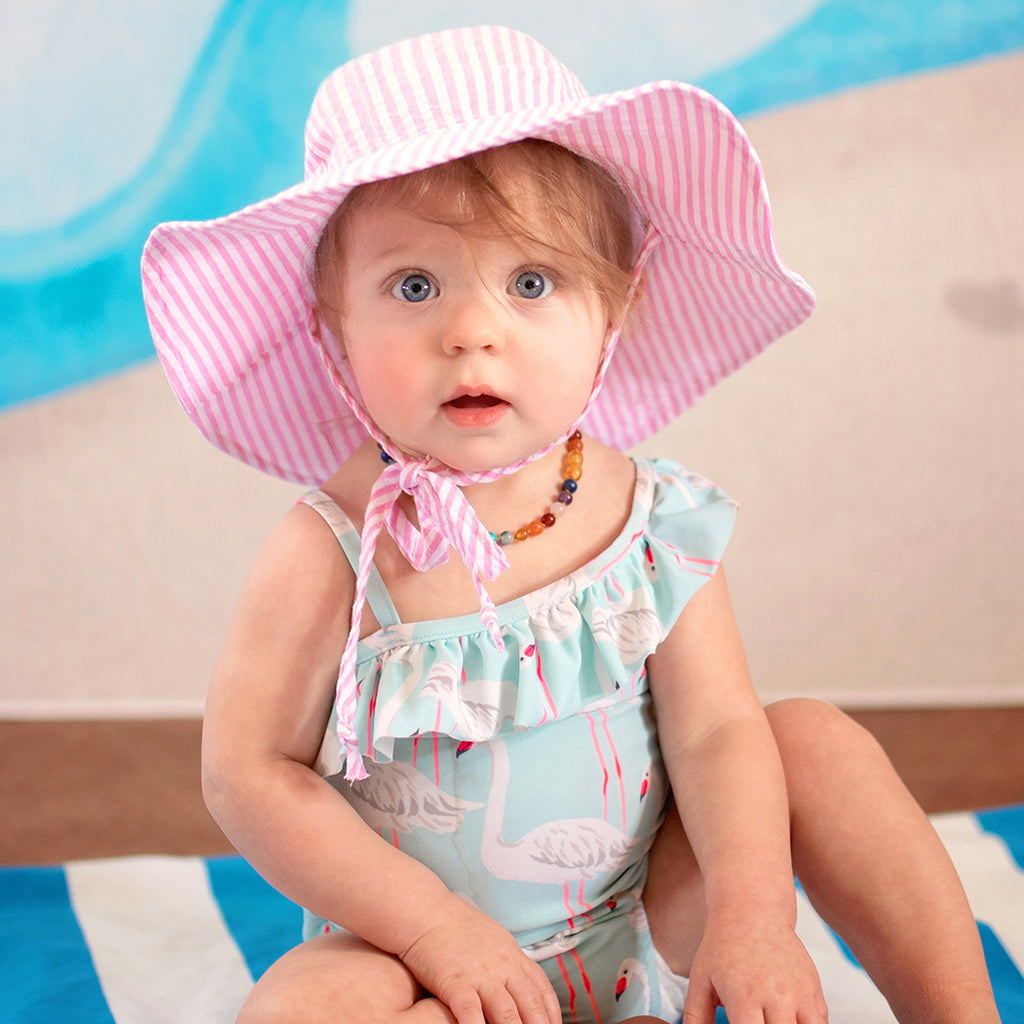 Personalized Pink and White Wide Brim Seersucker Baby Sun Hat