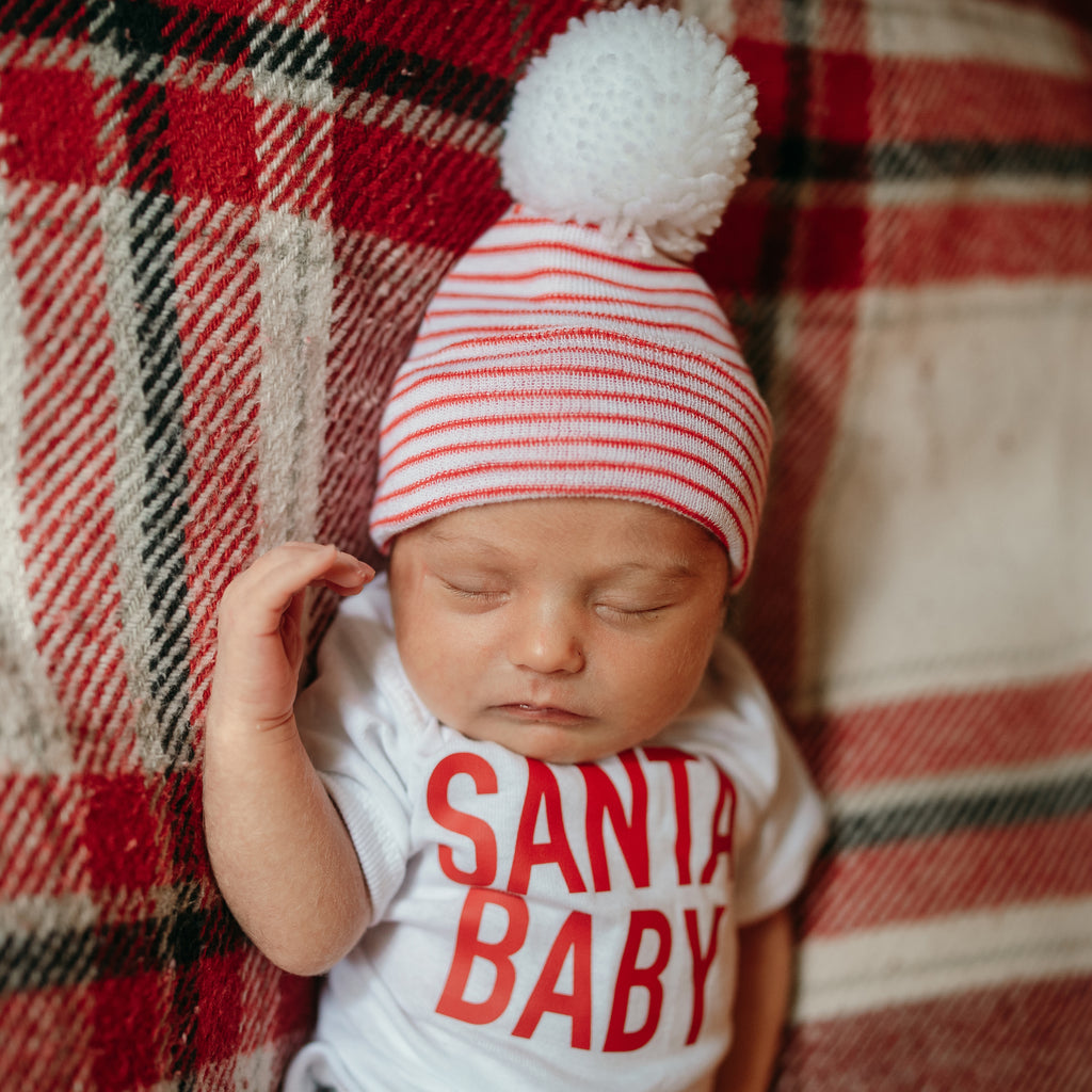 White Santa Baby Hat and Onesie Set, Newborn Take Home Outfit - & White Striped Hospital Beanie Hat with White Pom Pom | Newborn Seasonal