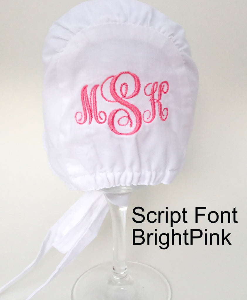 Pink and White Seersucker Girl's Bonnet with Eyelet Trim Baby Bonnet - Monogram Optional Newborn Sun Hat Infant Summer Hat