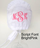 Wide Stripe Pink and White Seersucker Girl's Bonnet with Eyelet Trim Baby Bonnet - Monogram Optional Infant Hat Newborn Baby Sun Hat