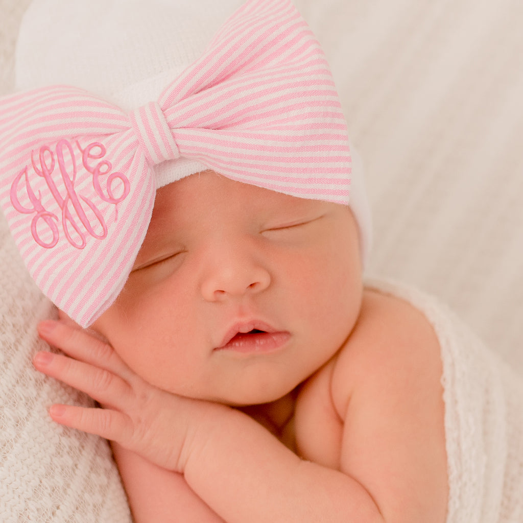 Pink and White Seersucker Monogrammed Bow Newborn Baby Girl Hospital Beanie Hat Newborn Baby Hat Infant Hat