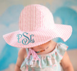 Monogrammed or Personalized Name Pink and White Wide Brim Seersucker Baby Sun Hat Infant Hat Newborn Summer Hat
