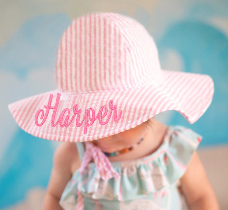 Monogrammed or Personalized Name Pink and White Wide Brim Seersucker Baby Sun Hat Infant Hat Newborn Summer Hat