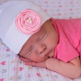 White Newborn Girl Hospital Hat With Creamy White (or Pink) Rolled Silk Flower & Pearl