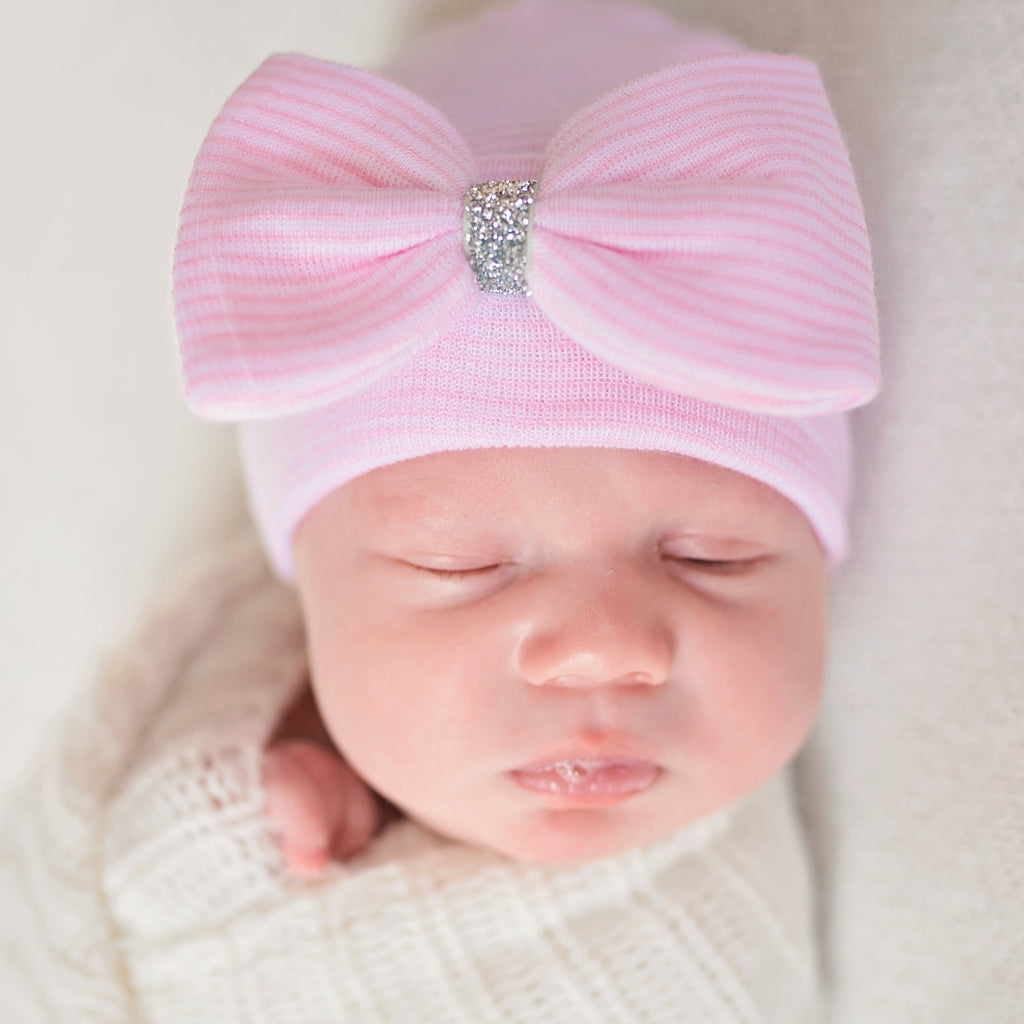 Silver Shimmer Pink and White Striped Big Bow Newborn Hospital Beanie Hat Newborn Hat Infant Hat