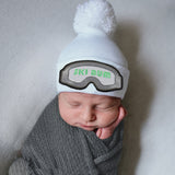 SKI BUM- NEWBORN SKI BUM WHITE HAT - NEWBORN SKIING HAT - WHITE HAT WITH WHITE POM POM