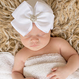 Snow White Big Ribbon Bow with Rhinestone Newborn Hospital Hat - White Hat Newborn Hat Infant Hat