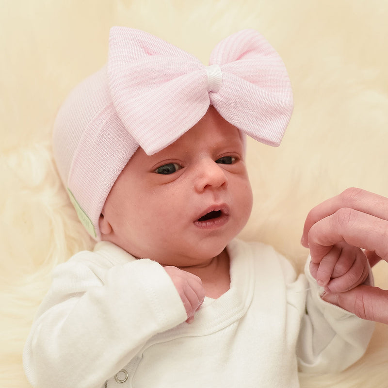 Monogrammed Newborn Baby Girl Hospital Beanie Hat With Bow and White Ribbon Center Infant Beanie Hat