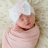 Starfish Flower Nursery Big Bow Newborn Girl Hospital Hat with Pearl and Rhinestone Center - Newborn and 0-3 months Hat