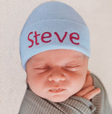Personalized Blue Newborn Baby Boy Hospital Beanie Hat with Blue Lettering Infant Hat Newborn Hat