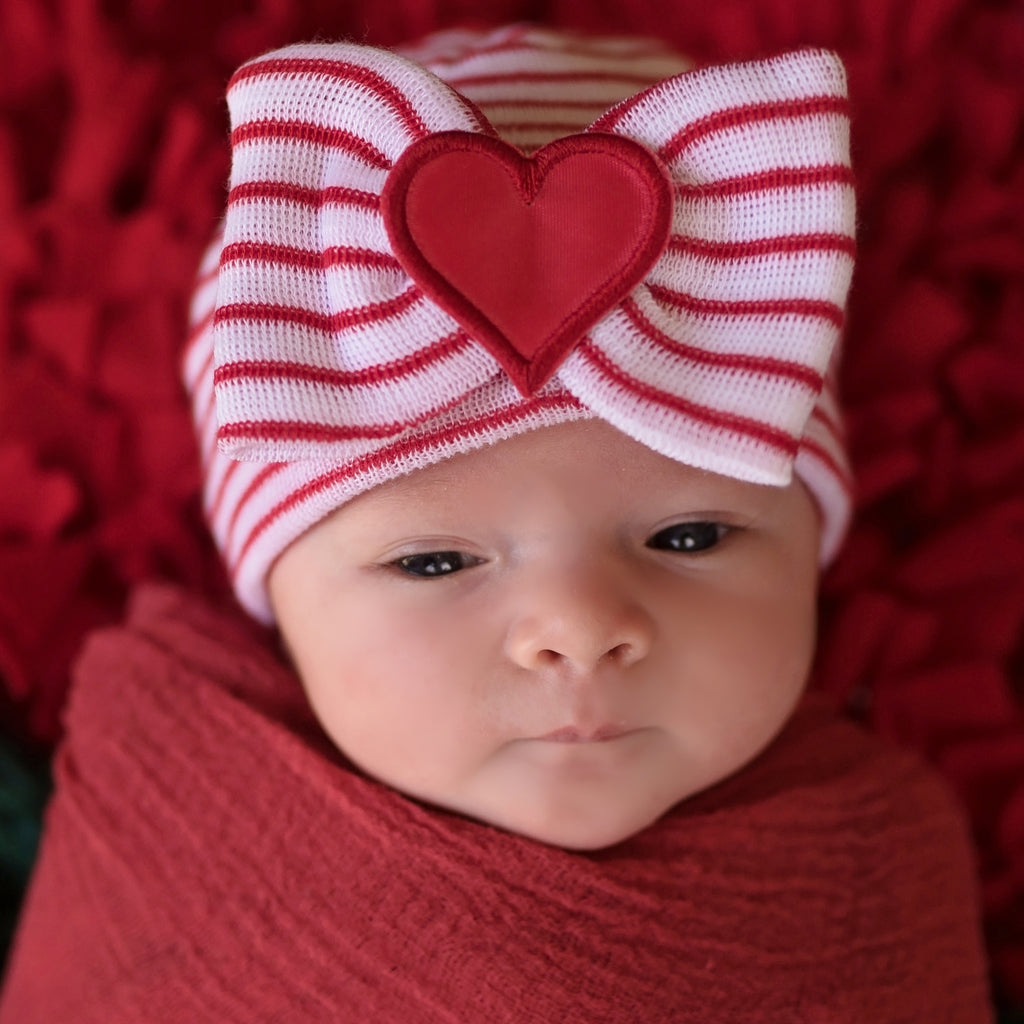 Red & White Striped With All My Heart Newborn Girl Hospital Hat With Big Bow and Heart Patch Newborn Hat Infant Hat