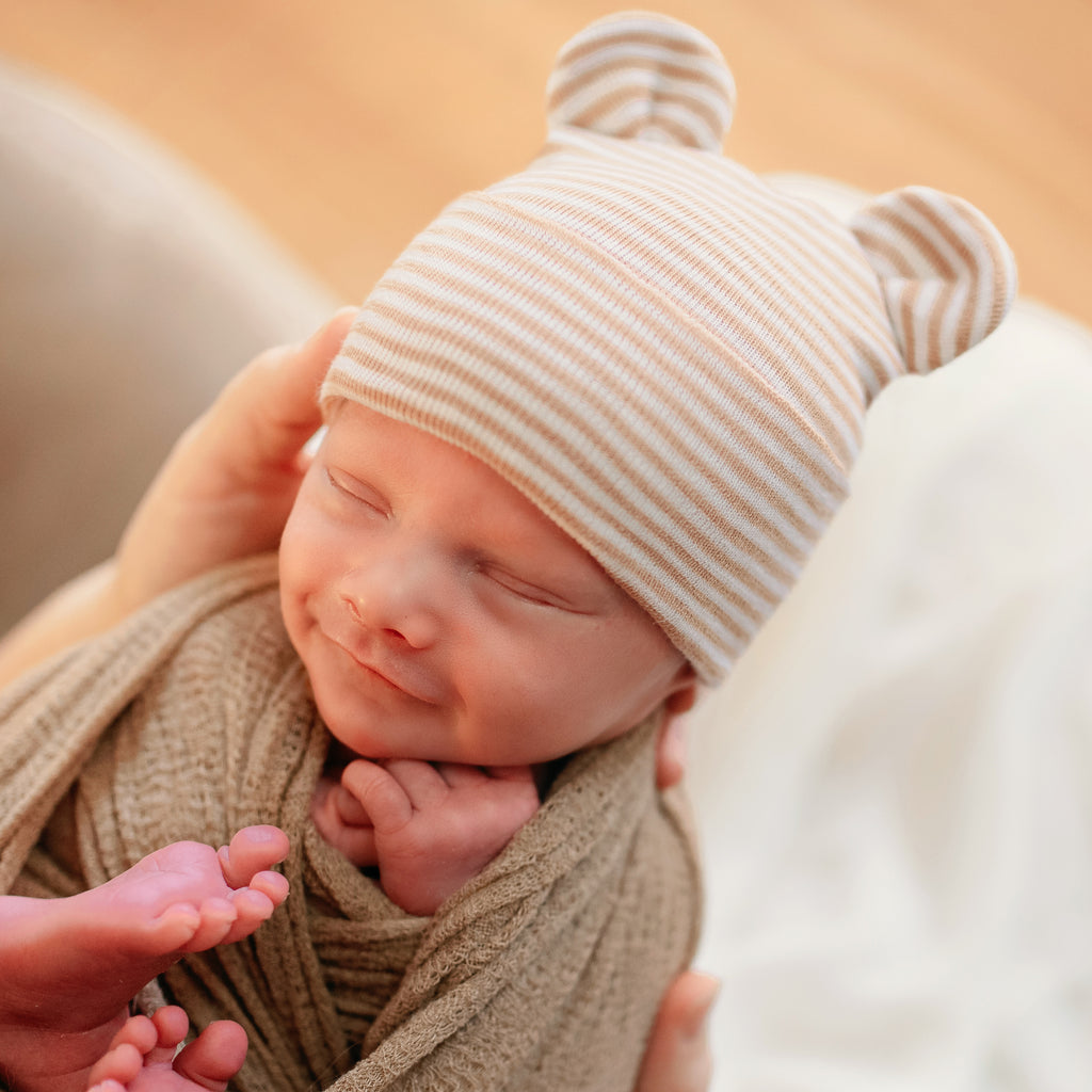 Tan and White Striped Newborn Baby Boy Hospital Nursery Beanie Hat With Bear Ears, Infant Hat Newborn Hat