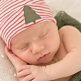 Red and White Striped Newborn Baby Hospital Beanie Hat with Christmas Tree Patch - Gender Neutral Newborn Hat Infant Hat