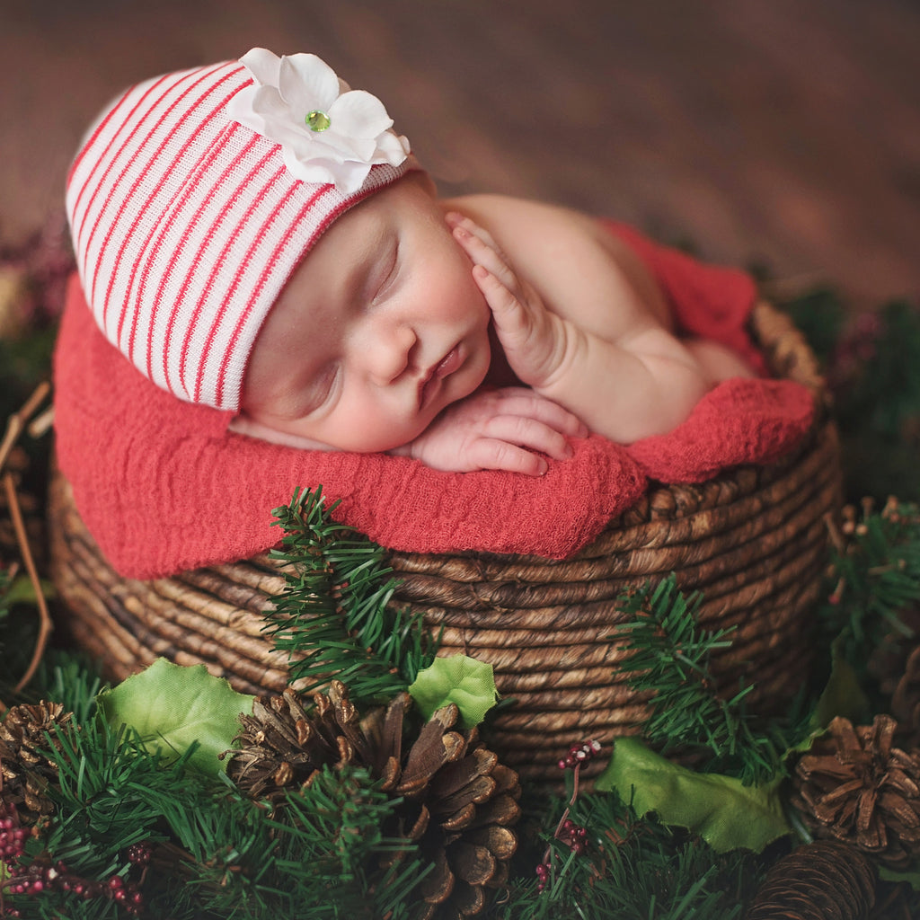 Red and White Striped Hydrangea Baby Newborn Girl Hospital Hat Newborn Hat Infant Hat