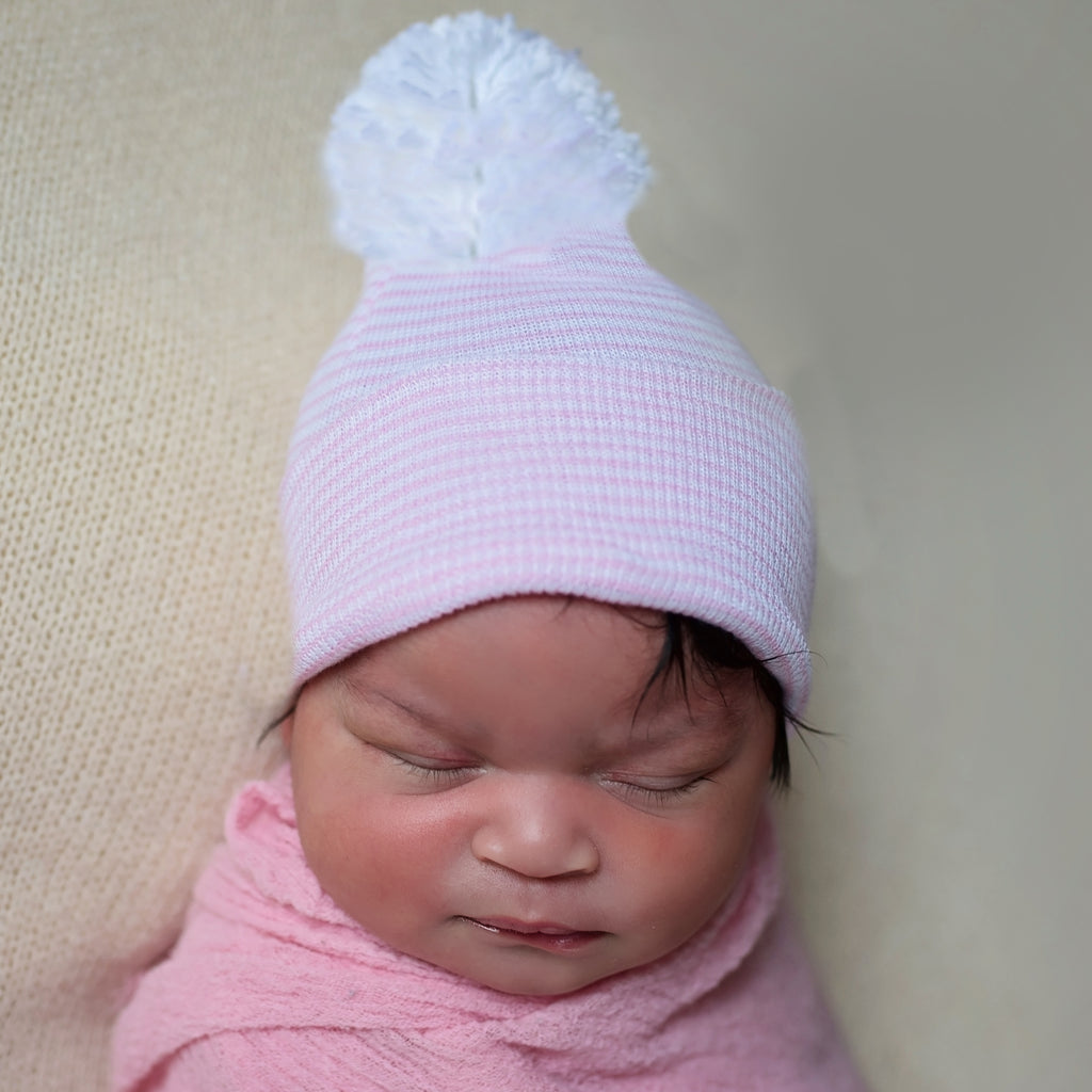 Personalized Candy Stripe Pink and White Nursery Hospital Beanie Hat with White Pom Pom Infant Hat Newborn Beanie Hat