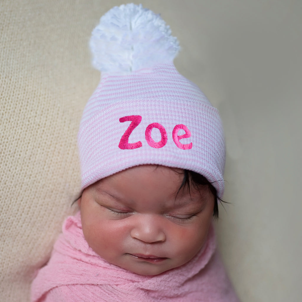Personalized Candy Stripe Pink and White Nursery Hospital Beanie Hat with White Pom Pom Infant Hat Newborn Beanie Hat