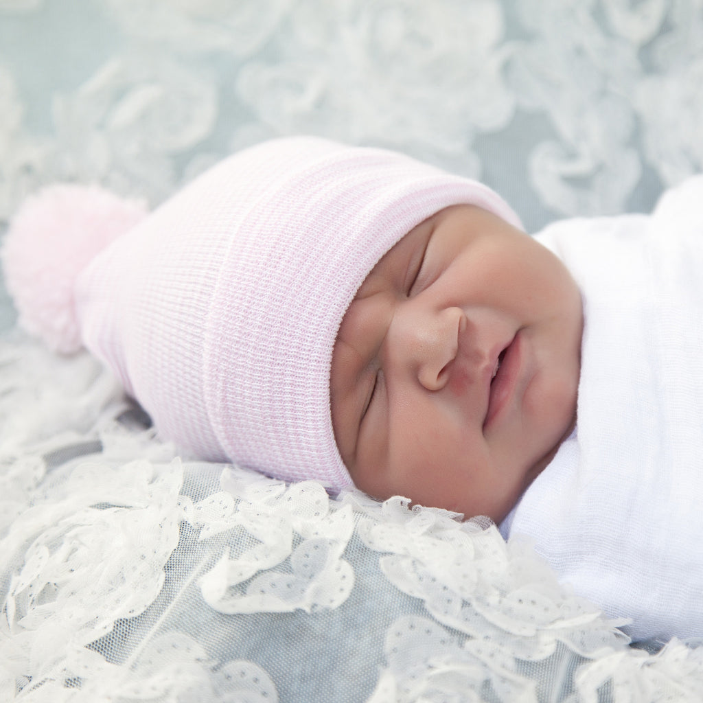 Striped Pink Nursery Hospital Hat with Pink Pom Pom Infant Hat Newborn Hat