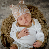 Tan and White Striped Newborn Baby Boy Hospital Beanie Hat with Bear Ears and Matching Onesie, Take Me Home Outfit For Newborn