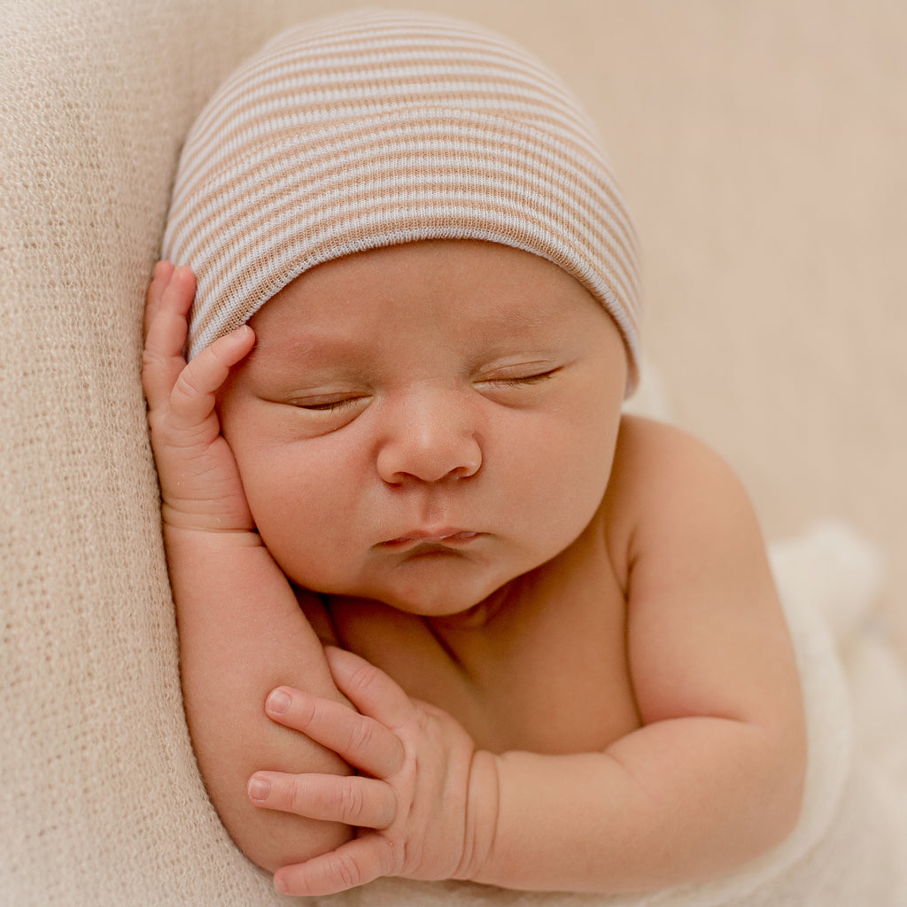 Tan and White Striped Newborn Baby Hospital Nursery Beanie Hat, Infant Hat Newborn Hat