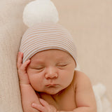 Tan and White Stripe Newborn Boy Hospital Beanie Hat With Pom Pom, Infant Hat Newborn Hat
