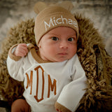 Personalized Newborn Baby Hospital Beanie Hat with Solid Tan Bear Ears and Matching White Onesie, Newborn Take Home Outfit
