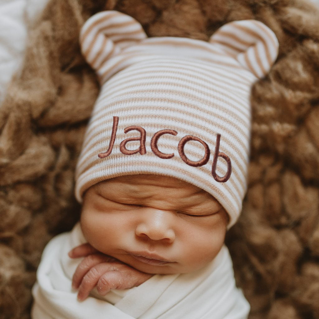 Tan and White Striped Personalized Newborn Baby Boy Hospital Nursery Beanie Hat With Bear Ears, Infant Hat