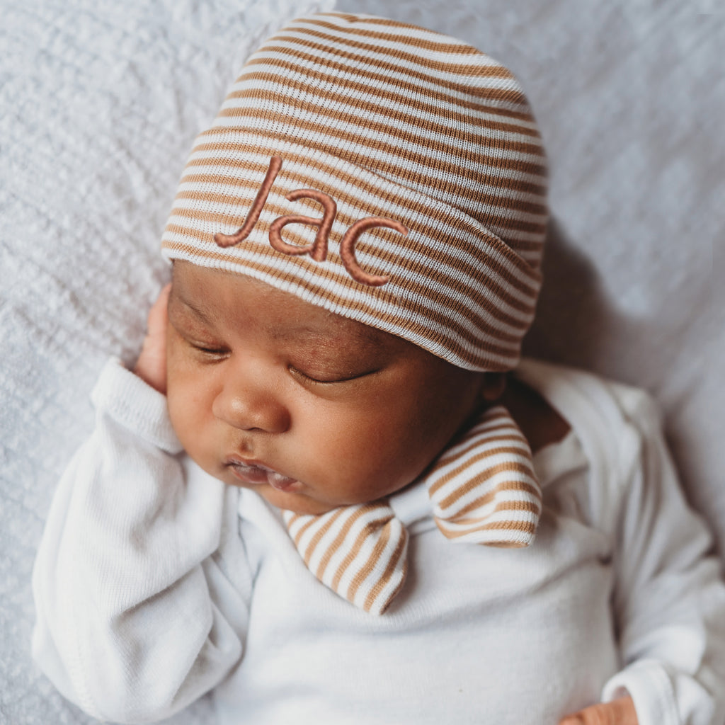 Welcome Home Newborn Boy Bodysuit Set - Personalized Tan and White Striped Beanie Hat and Bow Tie With Bodysuit, Best Take Me Home Outfit For Newborn