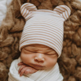 Tan and White Striped Newborn Baby Boy Hospital Nursery Beanie Hat With Bear Ears, Infant Hat Newborn Hat