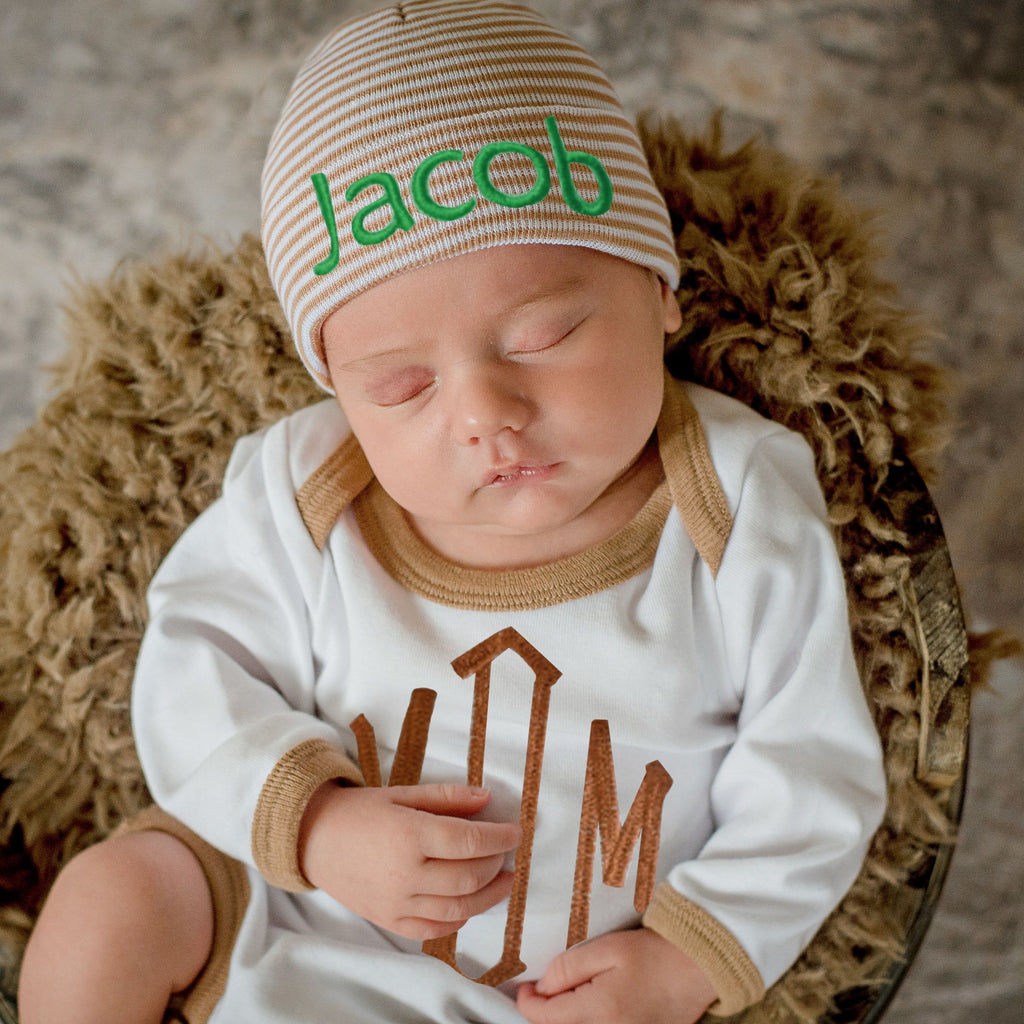 Tan and White Personalized Newborn and Baby Hospital Hat with Matching White Onesie and Tan Trim Set