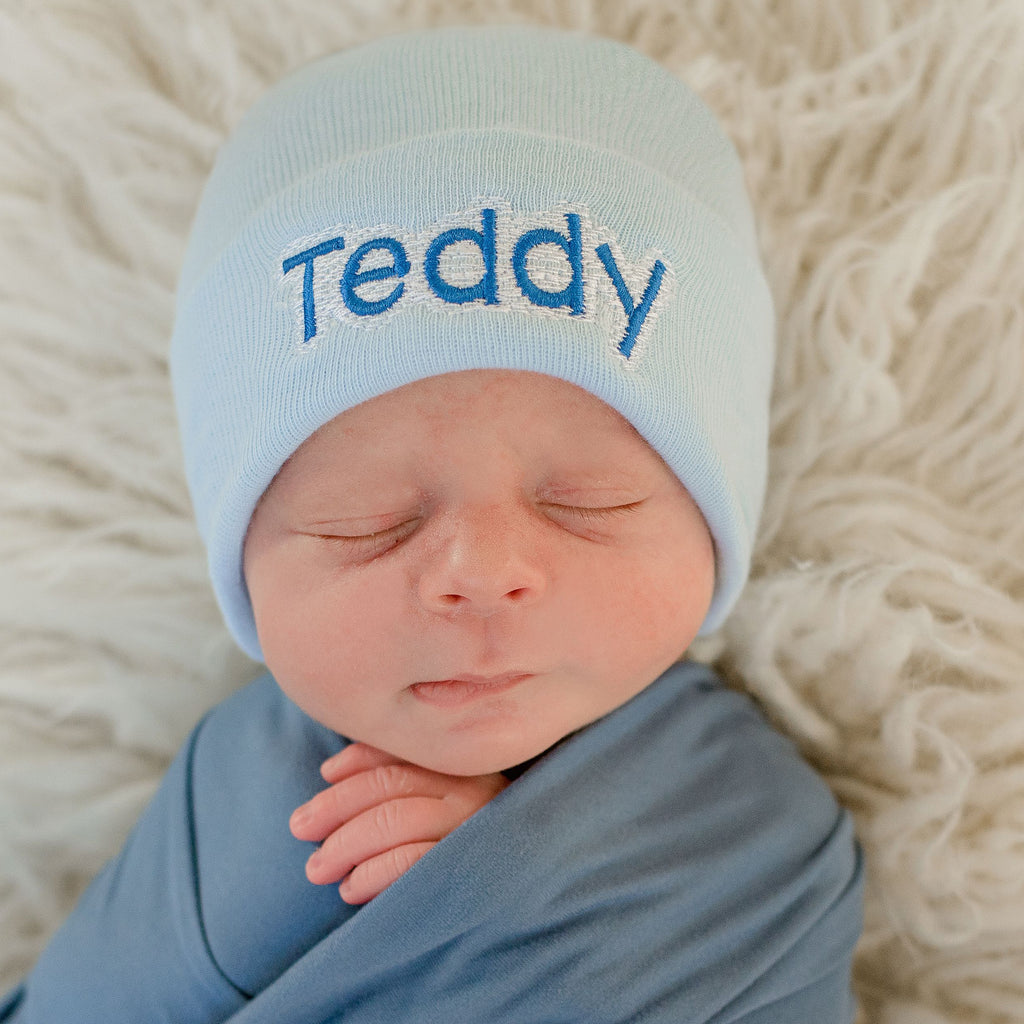 Personalized Shadow Stitch White Newborn Baby Boy Hospital Beanie Hat, Infant Hat Newborn Hat