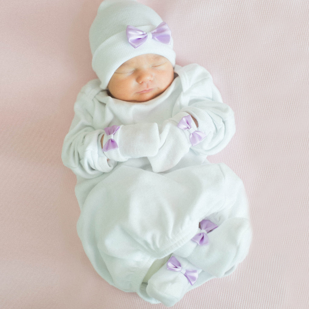 Sweet White and Lavender Satin Newborn Girl Hat, Mittens and Booties Nursery Set