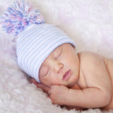 Traditional Nursery Striped Newborn Baby Hospital Beanie Hat with Pom Pom, Infant Hat Newborn Hat