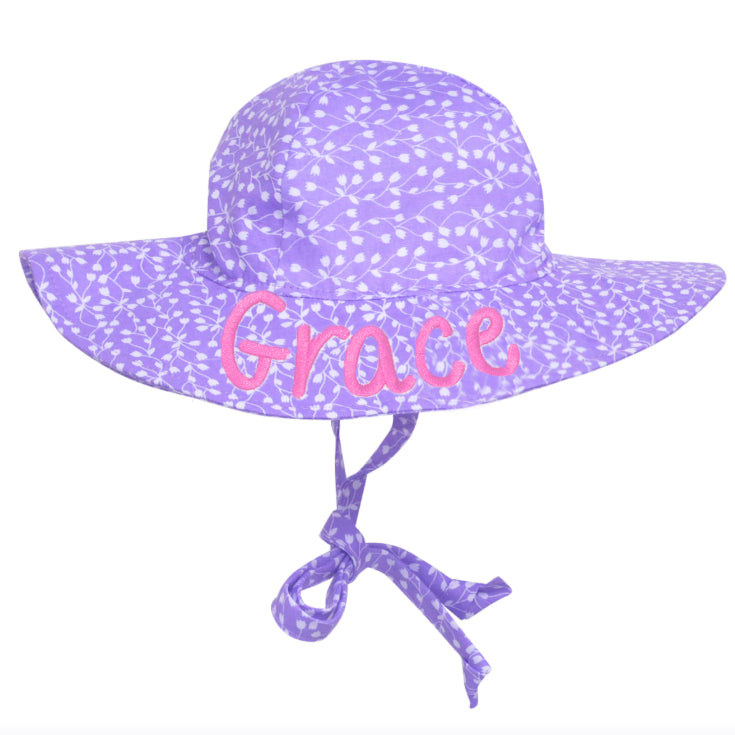 Purple Personalized Baby Sun Hat with White Floral Print - Newborn Hat Infant Summer Hat