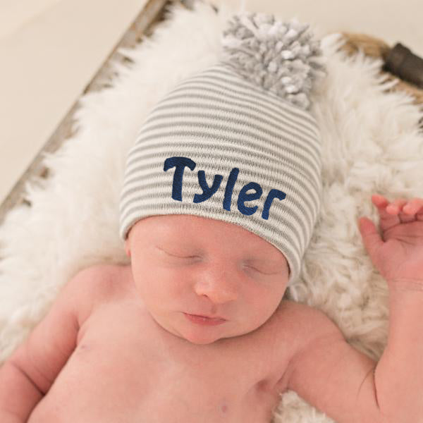 Personalized Grey and White Striped Newborn Baby Boy Hospital Beanie Hat with Mixed Pom Pom Infant Hat Newborn Hat