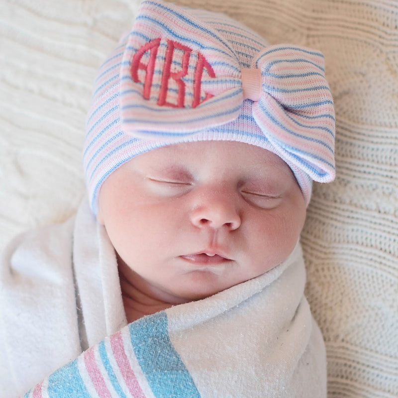 Personalized Striped Big Bow Newborn Girl Hospital Hat