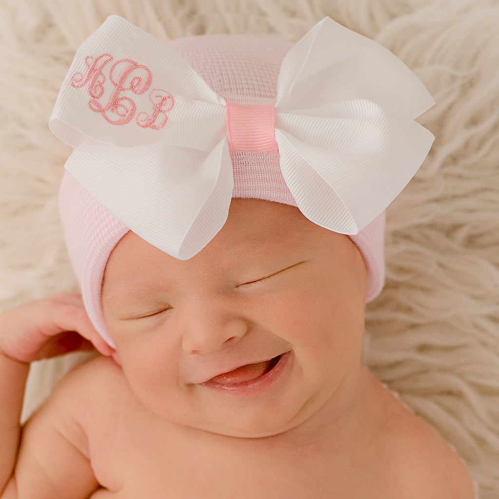 Pink and White Striped Newborn Baby Girl Hospital Nursery Beanie Hat With Bow and White Ribbon Monogrammed Initials