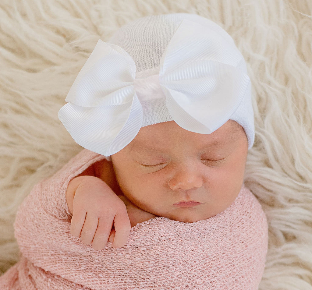 Sophie White Big Ribbon Bow with Pink Ribbon Center Newborn Hospital Beanie Hat Infant Hat Newborn Hat